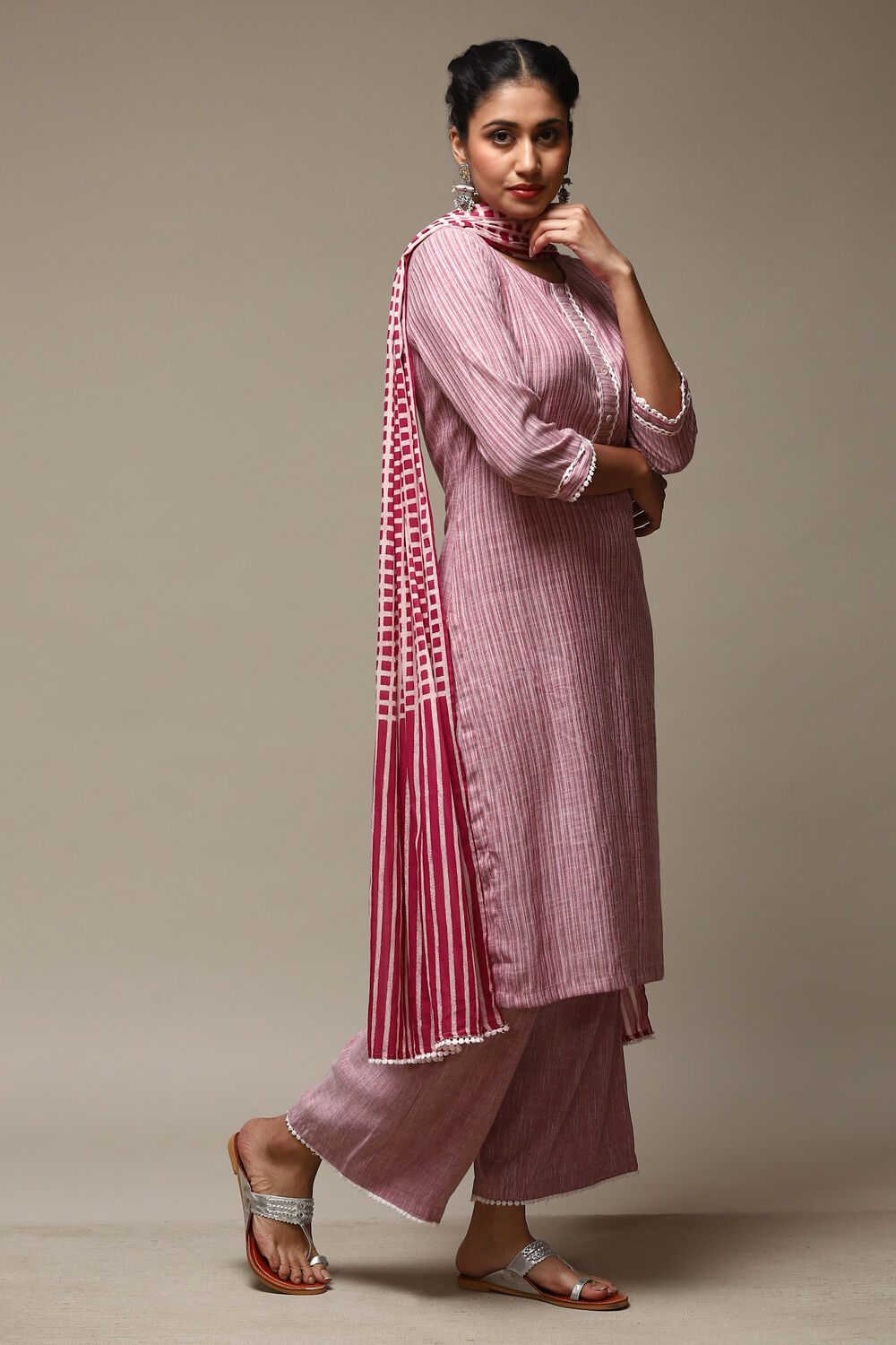 Red Cotton Blend Straight Kurta Palazzo Suit Set image number 6