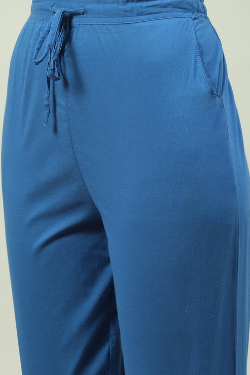 Blue Cotton Kalidar Kurta Relaxed Pants Suit Set image number 5