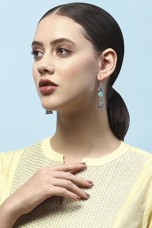 Mint Green Oxidised Stone Studded Geometric Jhumkas image number 1