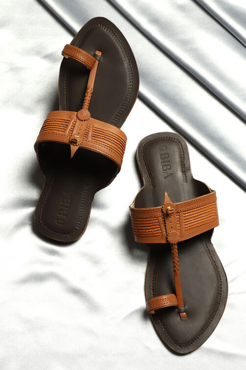 Tan & Dark Brown Leather Kolhapuri Sandals image number 6