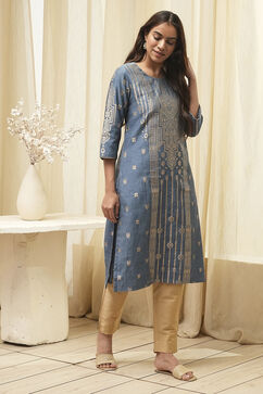 Blue Poly Cotton Straight Yarndyed Kurta image number 1