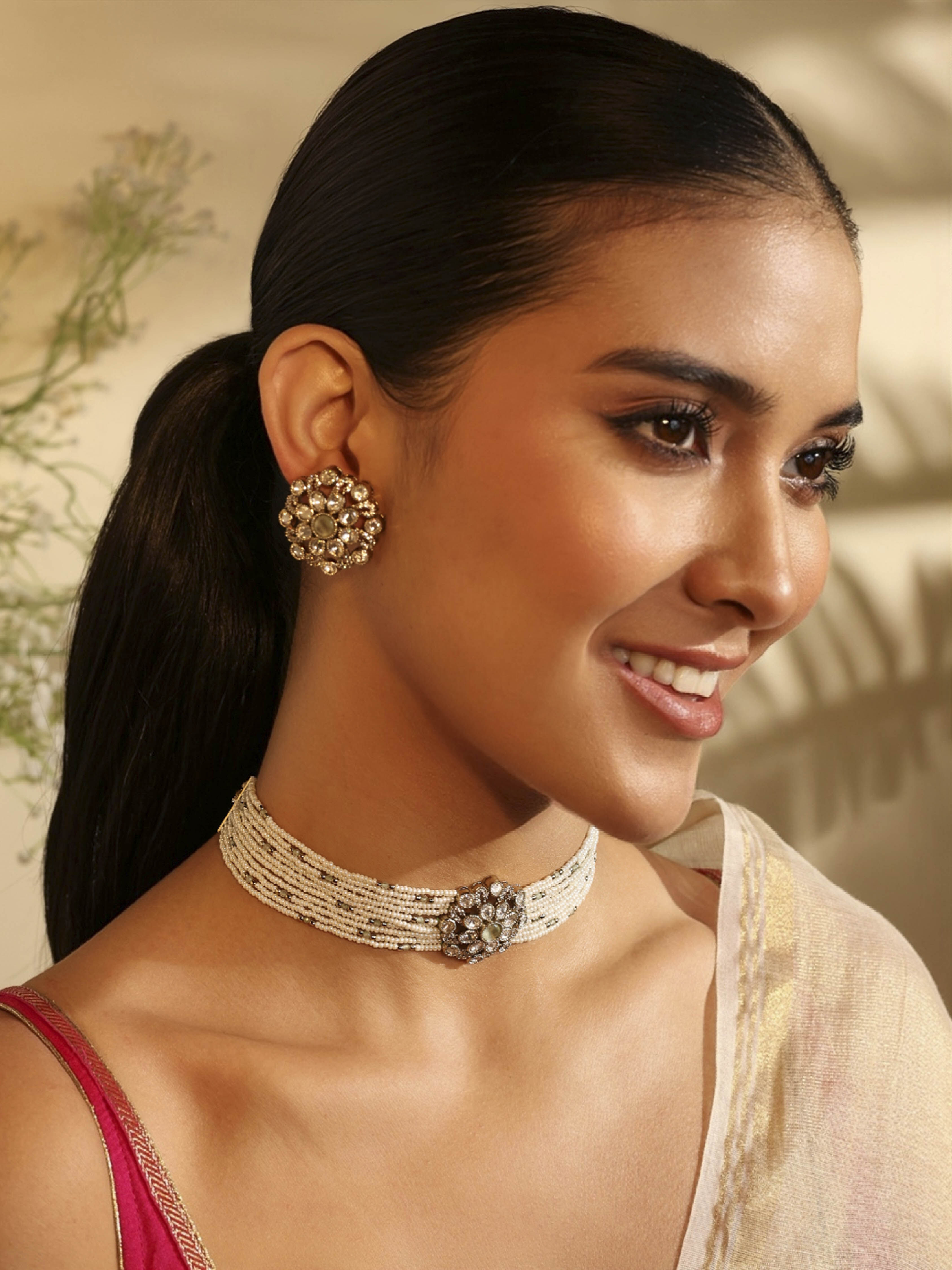 Beige Gold Plated Brass Choker Set image number 1