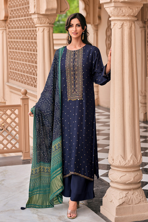 Buy Blue Viscose Silk Woven Unstitched Suit Set Online at Biba Global
