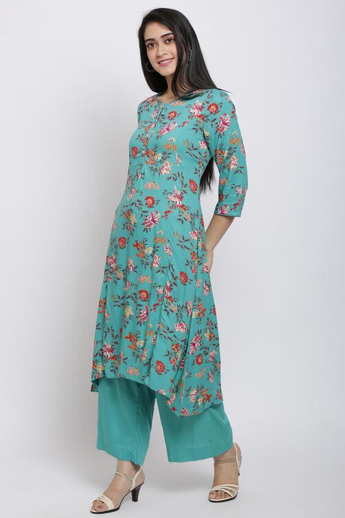 Turquoise Straight Kurta Palazzo Suit Set image number 3