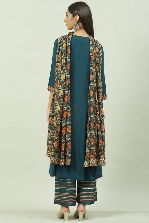 Teal LIVA Straight Kurta Palazzo Suit Set image number 4