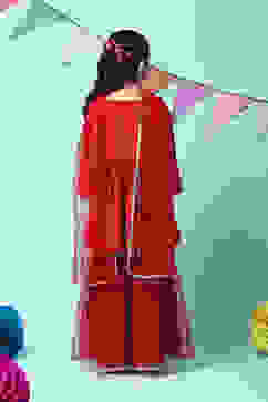 Red Nylon Flared Kurta Sharara Suit Set image number 4