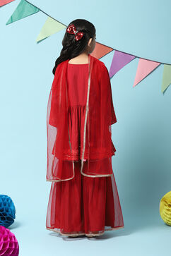 Red Nylon Flared Kurta Sharara Suit Set image number 4