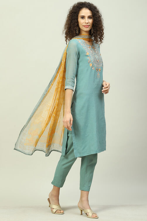 Sage Green Art Silk Straight Kurta Slim Pant Suit Set image number 6