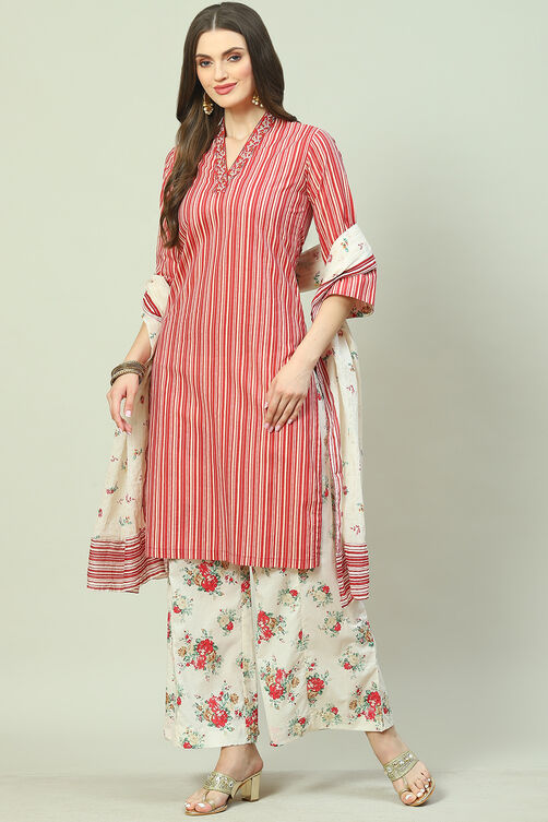 Red Cotton Straight Kurta Palazzo Suit Set image number 0