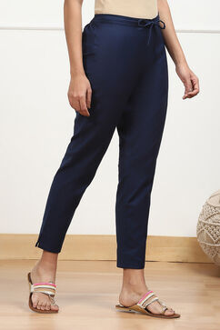 Navy Blue Cotton Solid Regular Pants image number 3