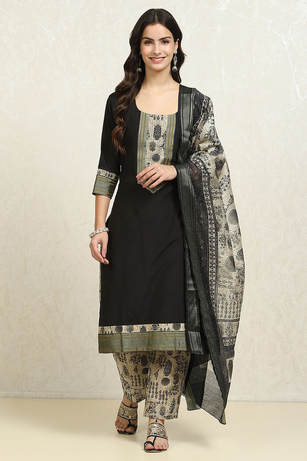 Turquoise Cotton Printed Unstitched Kurta Set image number 7