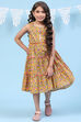 Yellow Cotton Tiered Printed Kurta image number 0