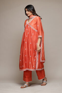 Coral Cotton Blend Gathered Kurta Palazzo Suit Set image number 6