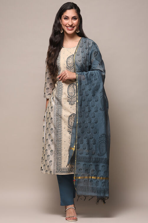 Navy Blue Chanderi Unstitched Suit set image number 8