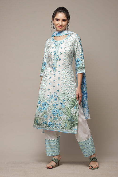 White & Blue Cotton Straight Kurta Salwar Suit Set image number 1