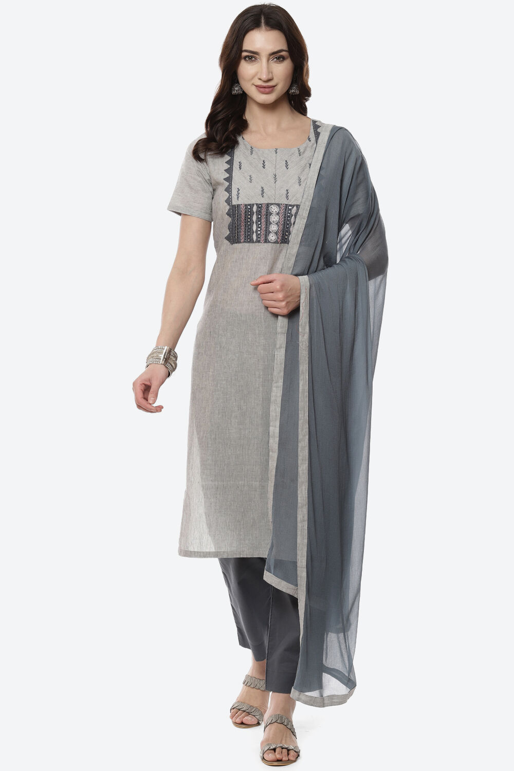 Buy Grey Cotton Woven Unstitched Suit Set Kurta Bottom Dupatta