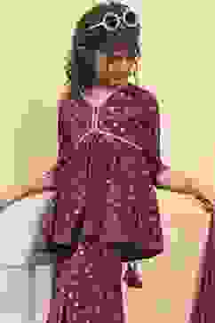 Purple Viscose Rayon Printed Peplum Suit Set image number 8