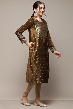 Brown Poly Velvet Straight Printed Kurta image number 4