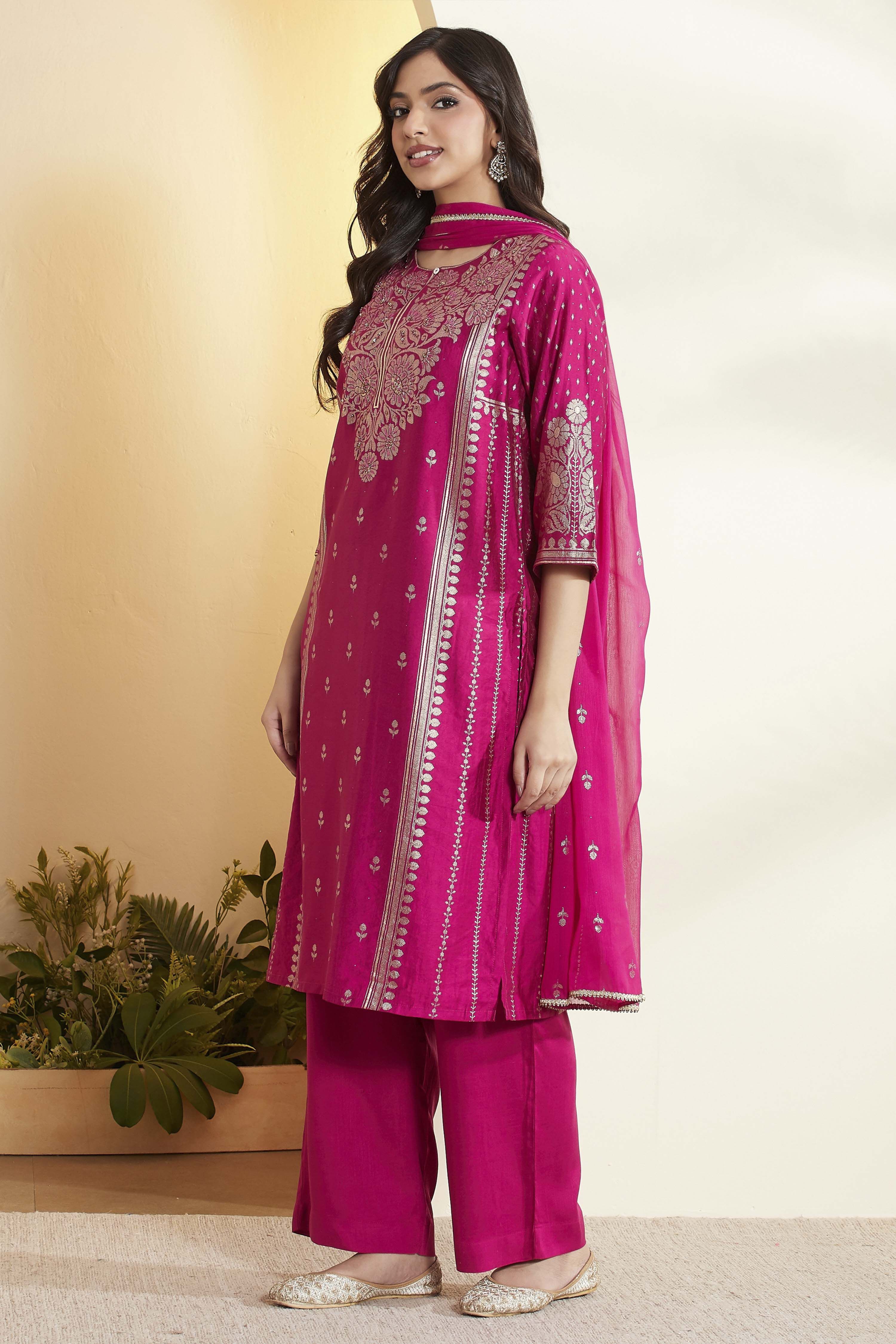 Magenta Pink Viscose Blend Straight Suit Set image number 4