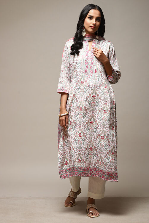 Off White Cotton Screen Print Unstitched Suit Set image number 14