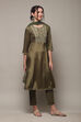 Mehandi Green Viscose Kalidar Kurta Slim Pants Suit Set image number 6