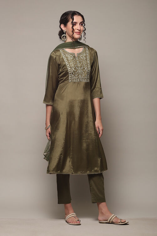 Mehandi Green Viscose Kalidar Kurta Slim Pants Suit Set image number 6