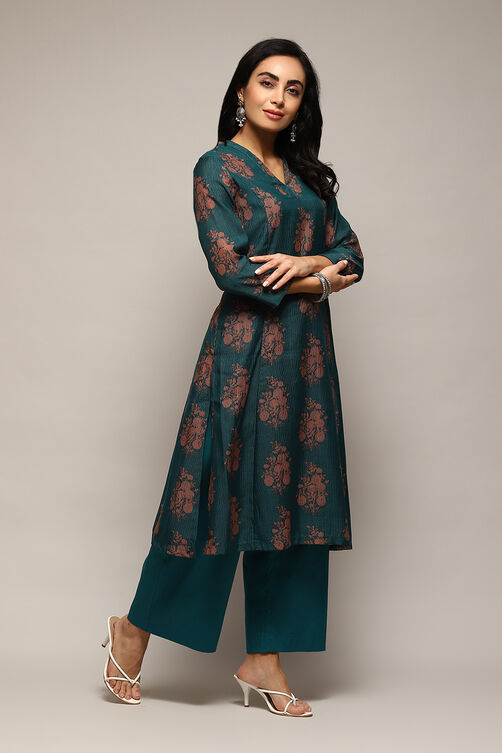 Pink Poly Chanderi A-Line Printed Kurta Palazzo Suit Set image number 0