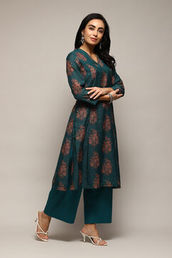 Green Polyester A-Line Printed Kurta Palazzo Suit Set image number 0