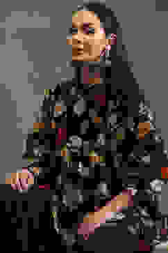 Rohit Bal Black Silk Chanderi Floral Printed Gathered Co-ord Set image number 1