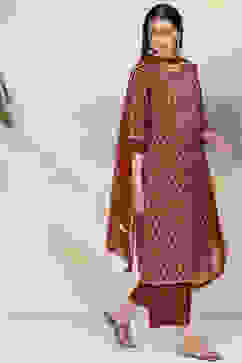 Terracotta Red Art Silk Straight Kurta Palazzo Suit Set image number 5