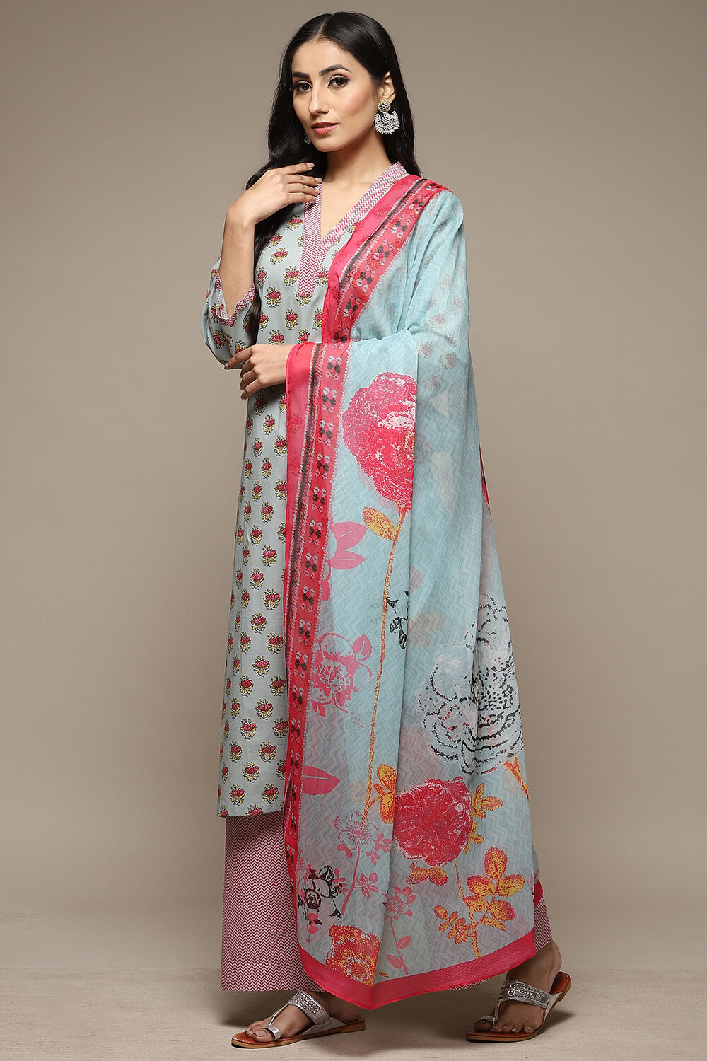 Sky Blue Cotton Straight Kurta Palazzo Suit Set image number 6