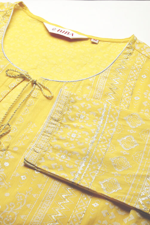 Yellow Cotton Double Layered Printed Kurta Dress image number 1