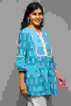 Blue Cotton Embroidered Kurti image number 3