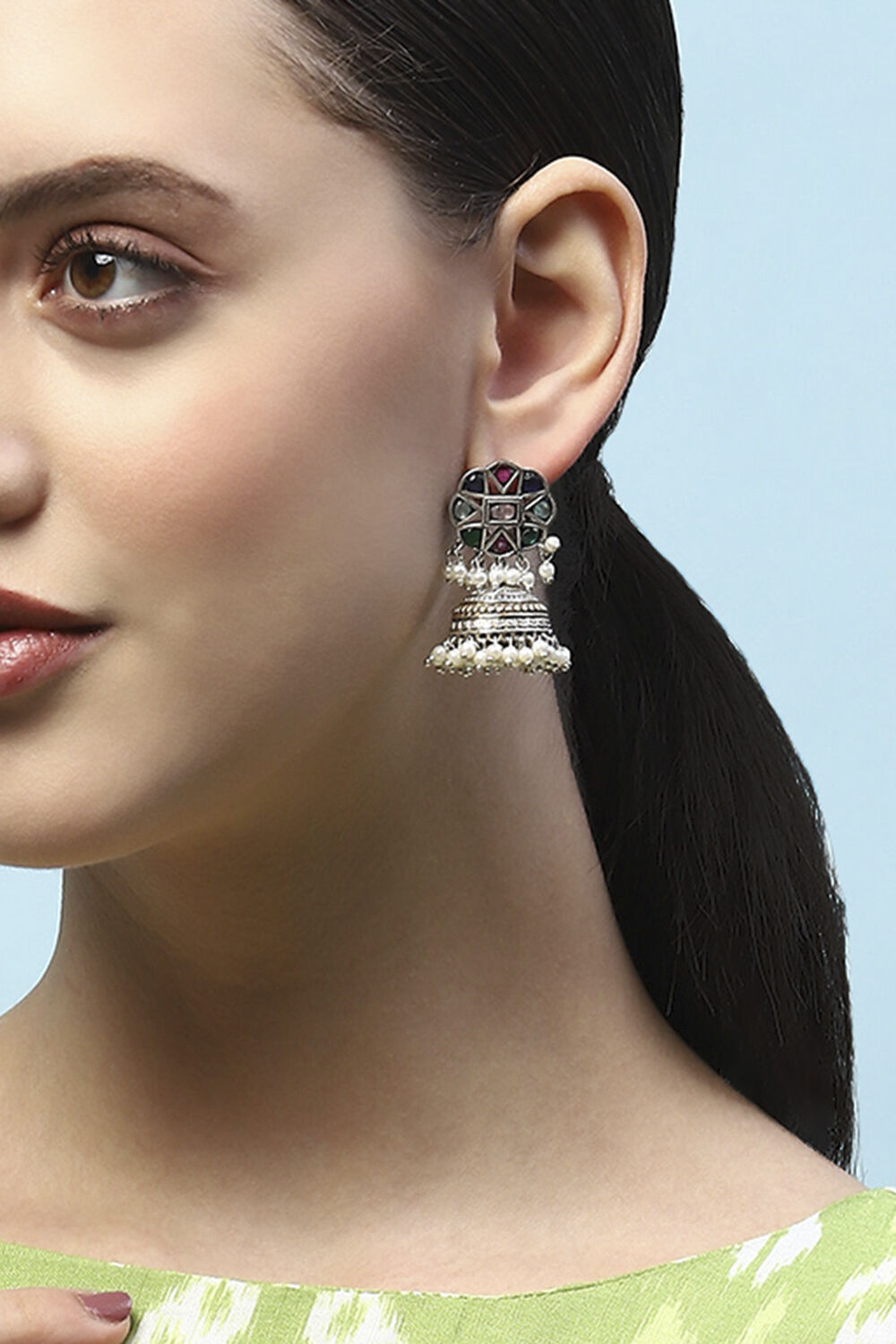 Multi-coloured Oxidised Navratan Jhumkas image number 3