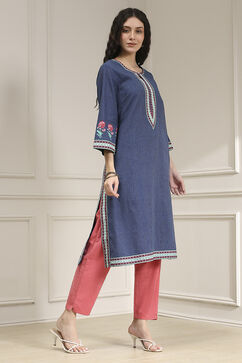 Indigo Blue Cotton Printed Straight Kurta image number 4