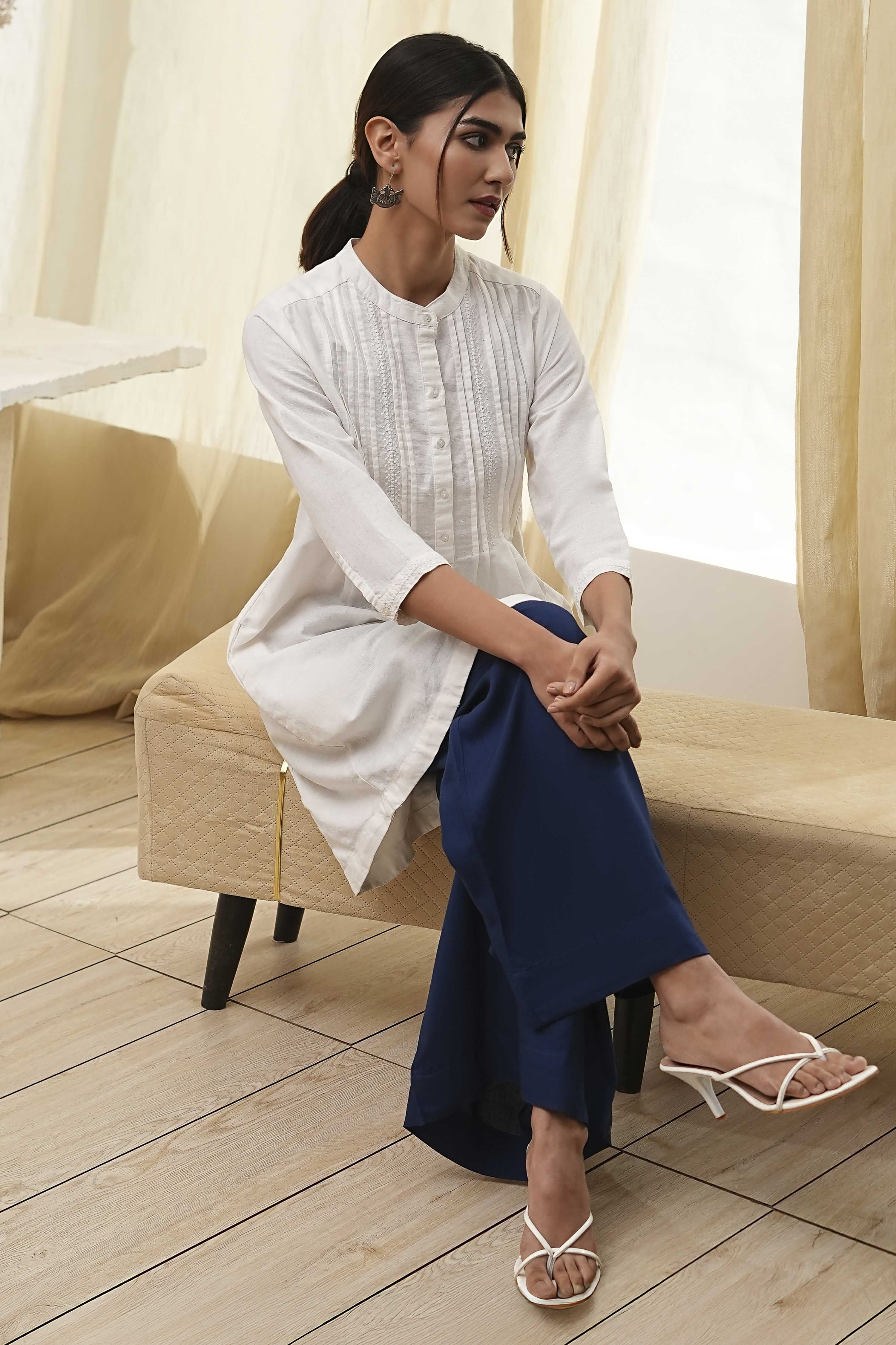 Navy Blue Viscose Solid Straight Palazzos image number 0