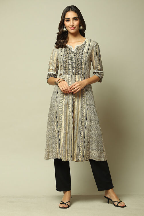 Beige & Black LIVA Straight Printed Kurta image number 1