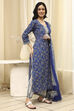 Royal Blue Cotton Screen Print Unstitched Suit Set image number 5