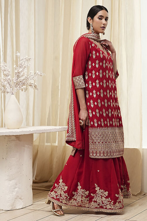 Red Embroidered Straight Suit Set image number 5