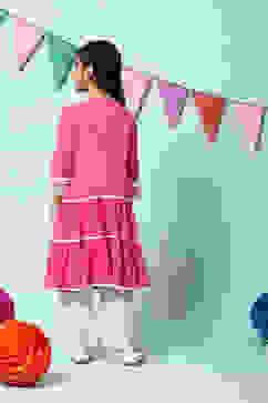 Fuschia Cotton Tiered Kurta Straight Palazzo 2 Piece Set image number 4