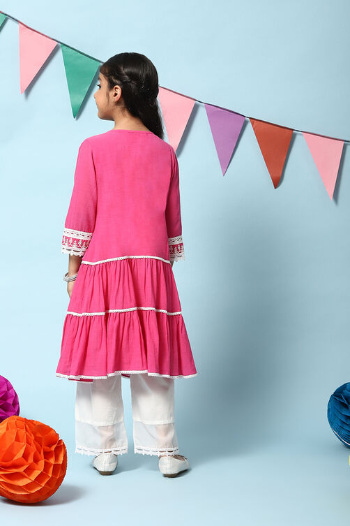 Fuschia Cotton Tiered Kurta Straight Palazzo 2 Piece Set image number 4