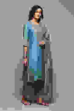 Earthy Blue Cotton Silk Straight Kurta Palazzo Suit Set image number 6