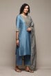 Earthy Blue Cotton Silk Straight Kurta Palazzo Suit Set image number 6