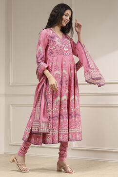 Light Pink Cotton Printed Anarkali Suit Set image number 5