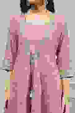 Old Rose Embroidered Anarkali Fusion Set image number 1