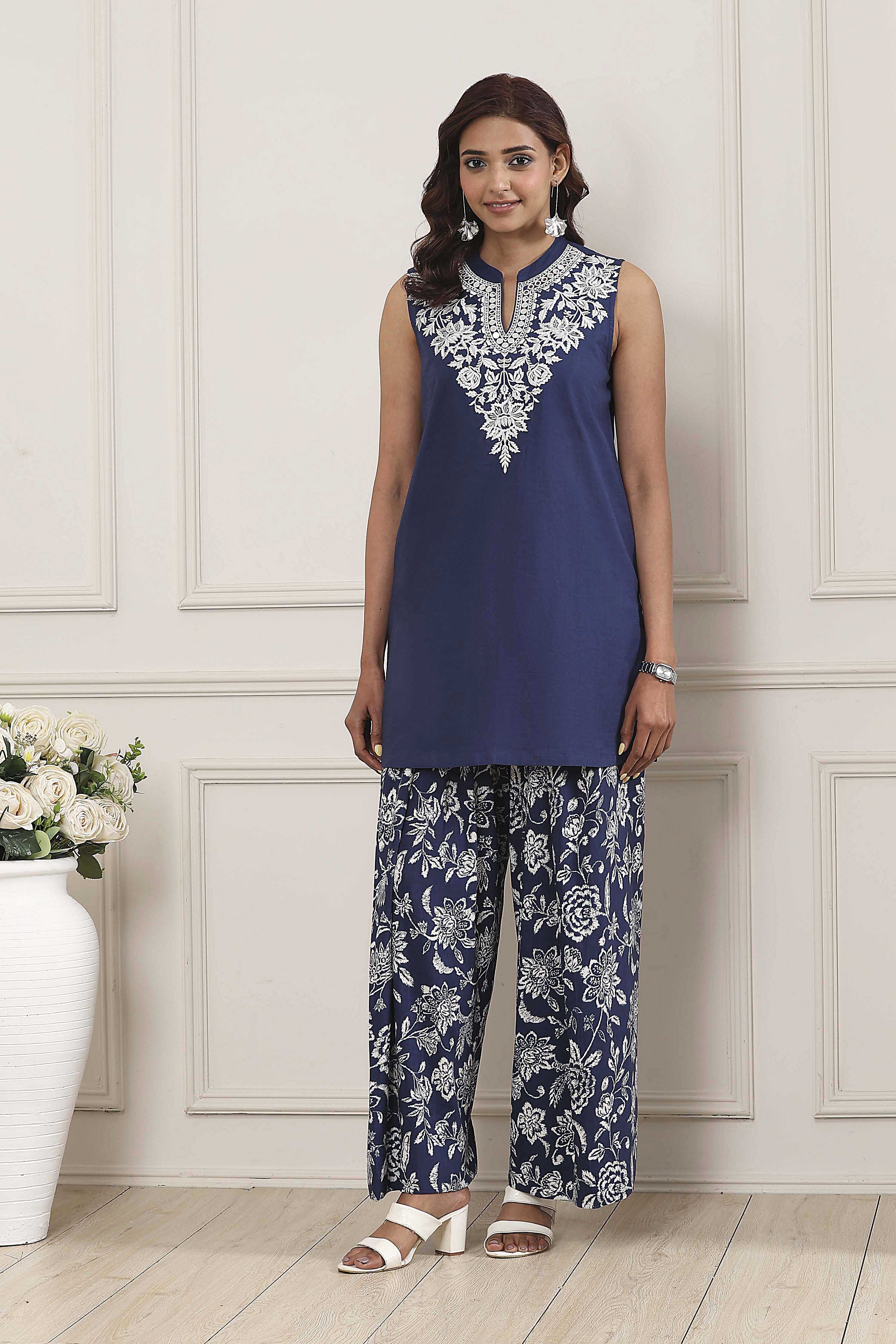 Indigo Cotton Printed Straight Kurta Set image number 6