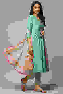 Green Cotton Kalidar Kurta Pants Suit Set image number 6