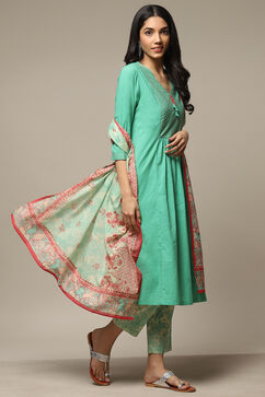 Green Cotton Kalidar Kurta Pants Suit Set image number 6