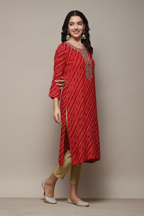 Red Rayon Straight Printed Kurta image number 4