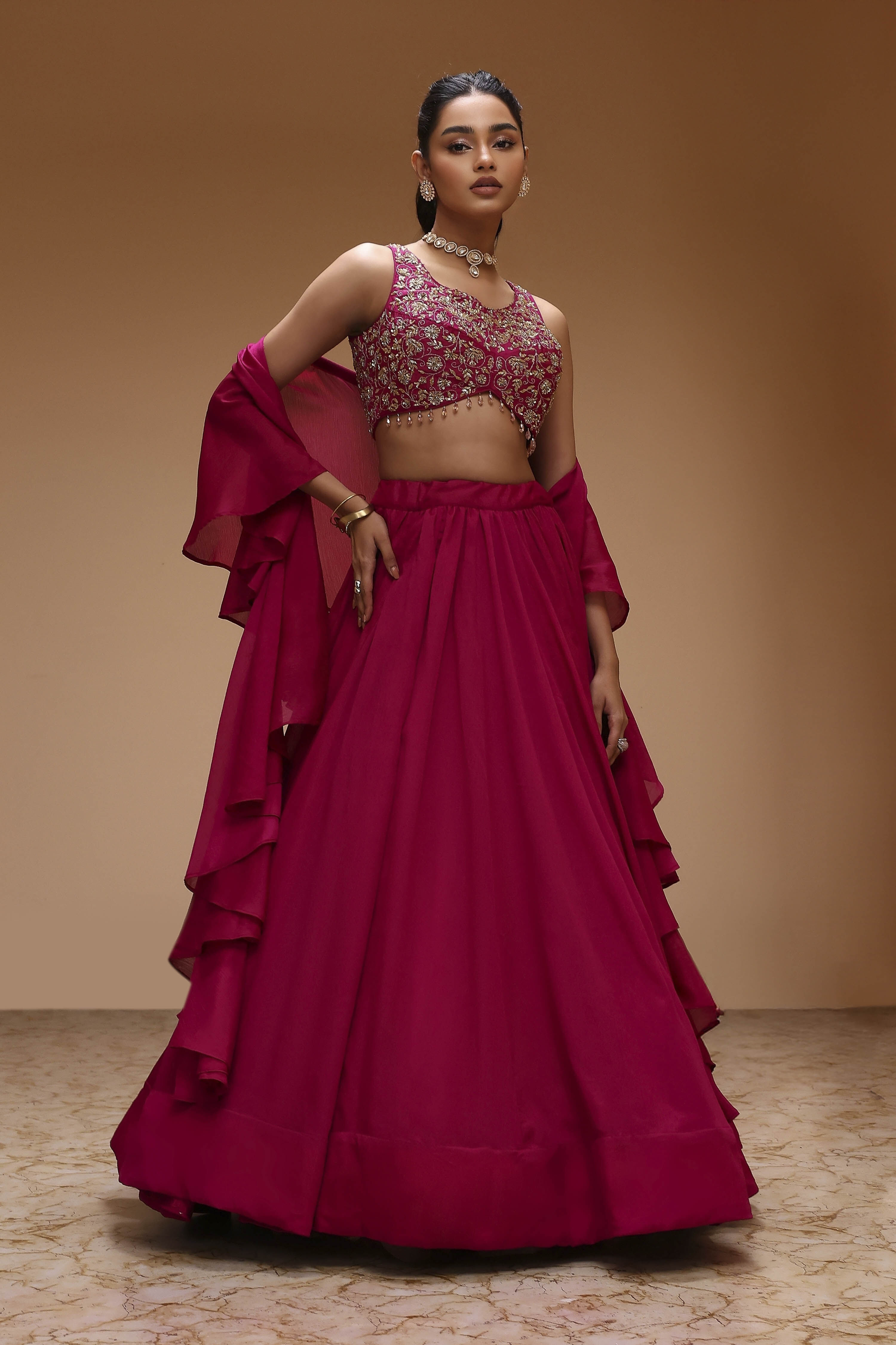 Berry Pink Pure Chinnon Hand Embroidered Lehenga Set image number 6